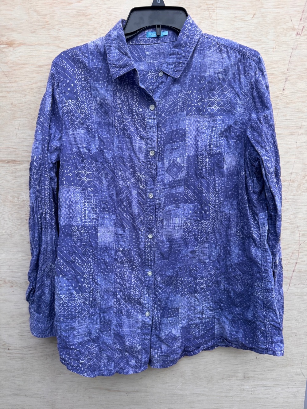 J. McLaughlin // indigo, white mixed print button down shirt size large wk1